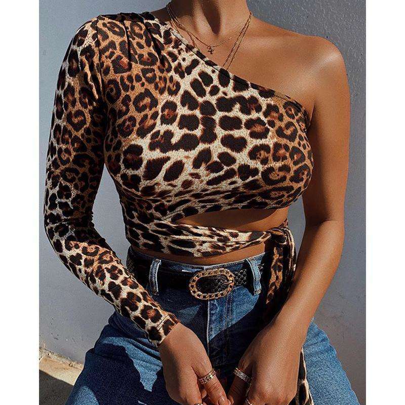 Leopard print cropped sexy slim blouse