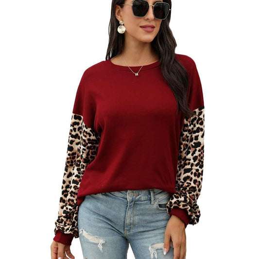 Round neck leopard print stitching T-shirt sweatshirt
