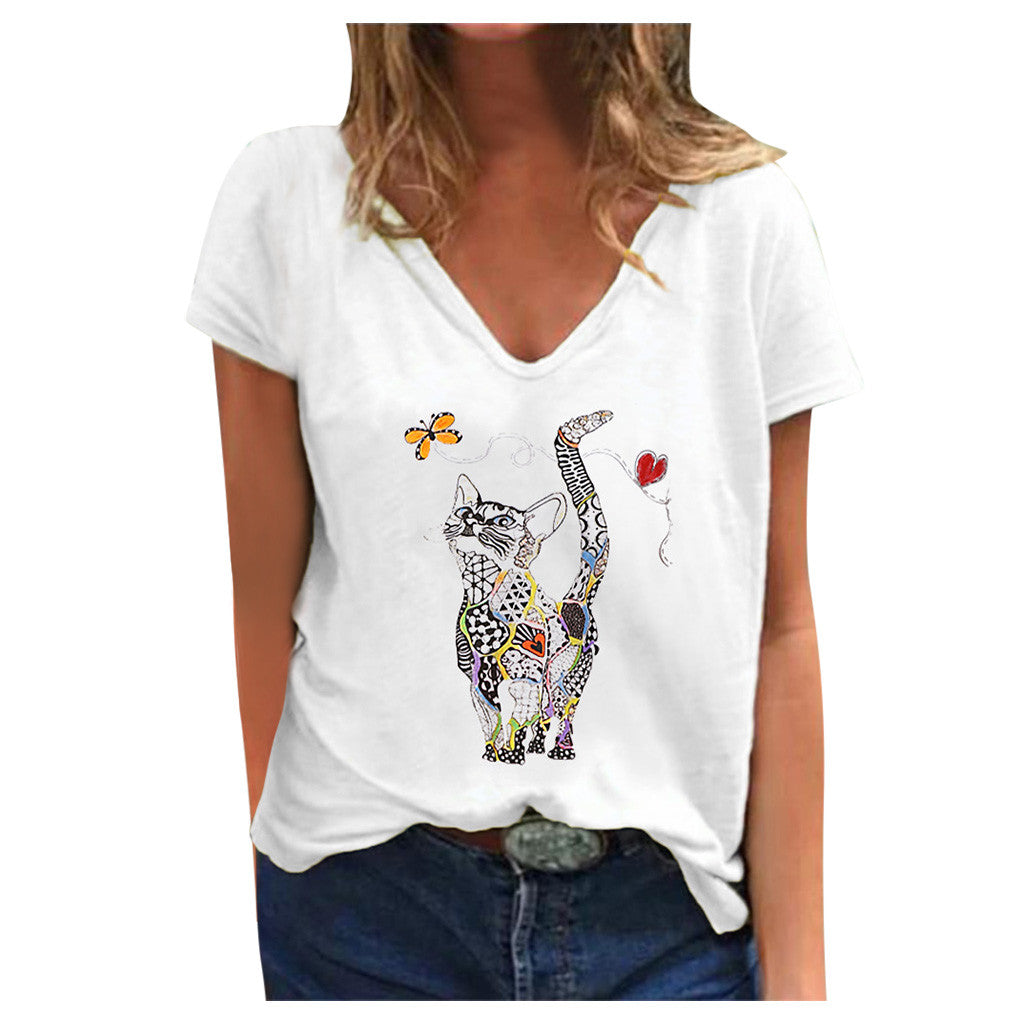 Cat Love V-neck - Cotton short sleeve top