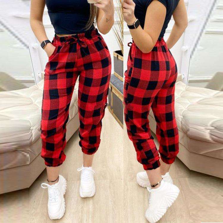 Plaid Mid Rise Trousers Fashion Straight Loose Fitting Sweatpants