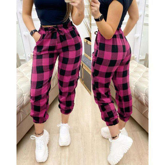 Plaid Mid Rise Trousers Fashion Straight Loose Fitting Sweatpants