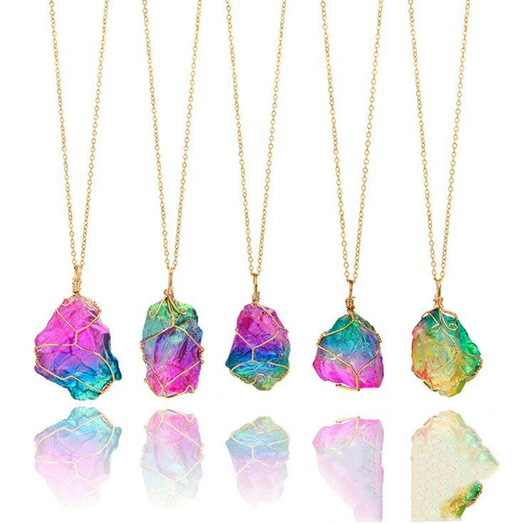 Seven-Color Natural Stone Rough Stone Winding Crystal Pendant Transparent Multi-Color Stone Chain Necklace Necklace