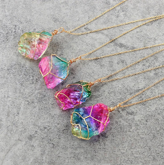 Seven-Color Natural Stone Rough Stone Winding Crystal Pendant Transparent Multi-Color Stone Chain Necklace Necklace