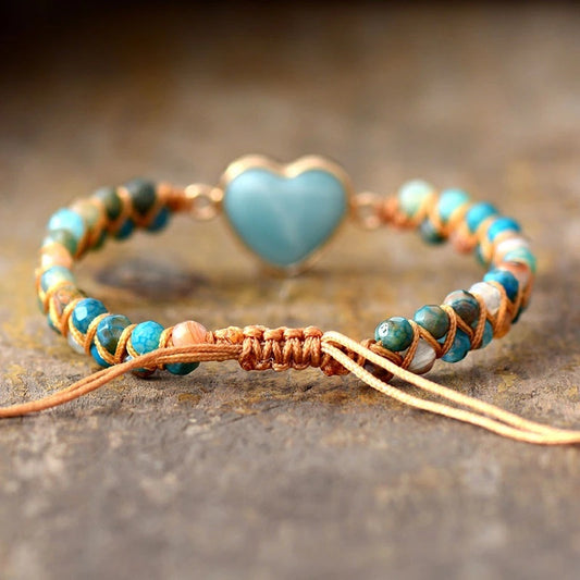 Blue Stone Woven Bracelet With Peach Heart-Shaped Stone