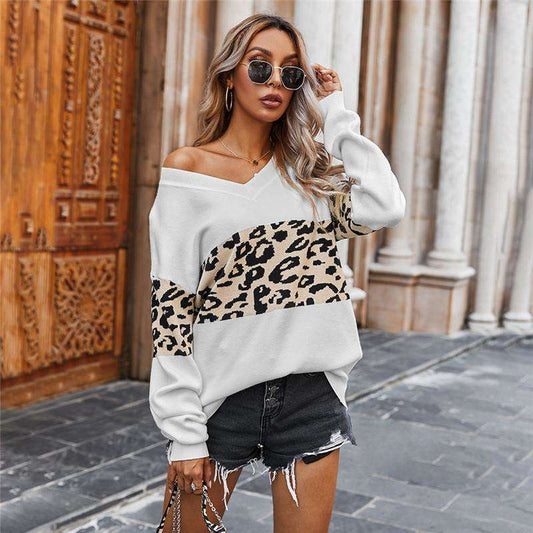 Simple V-neck Color Matching Leopard Sweater Women