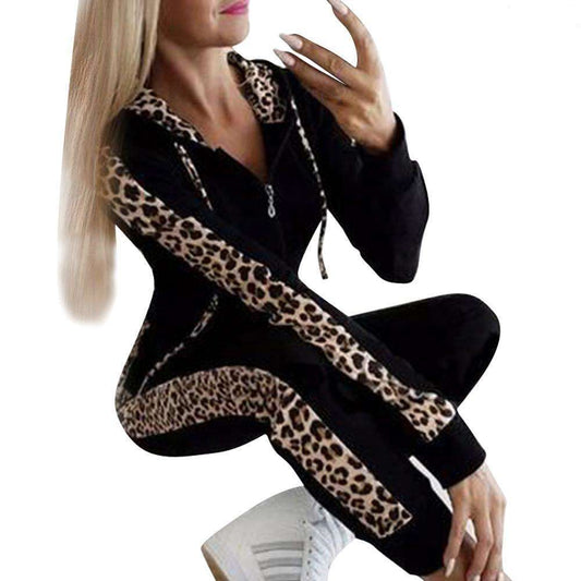 Leopard Print Long-sleeved Pocket Plus Velvet Print Zipper Hoodie Set