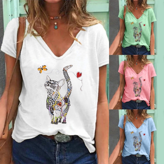 Cat Love V-neck - Cotton short sleeve top