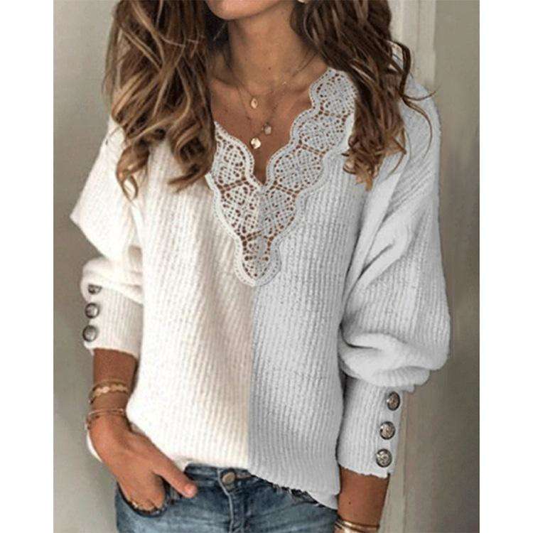 Solid V-neck Loose Long Sleeve Sweater - Two Colors
