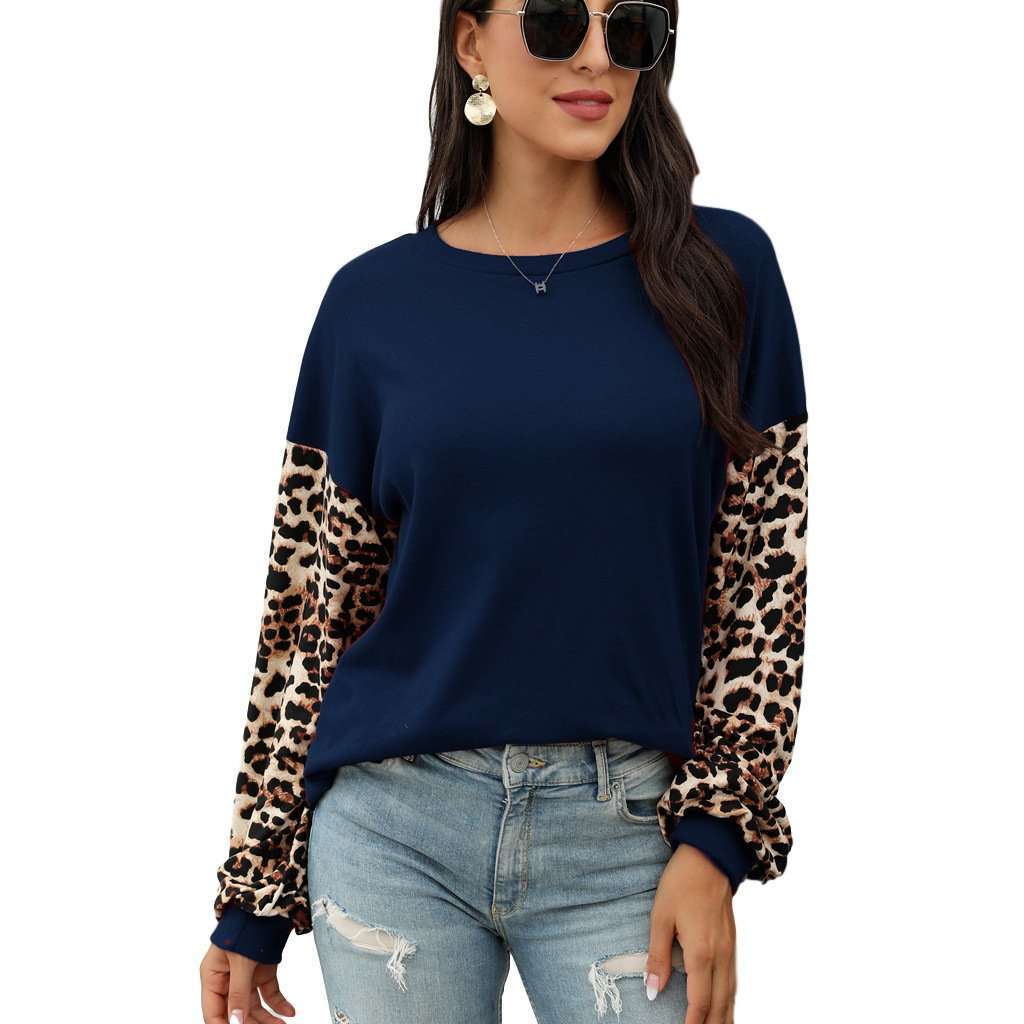 Round neck leopard print stitching T-shirt sweatshirt