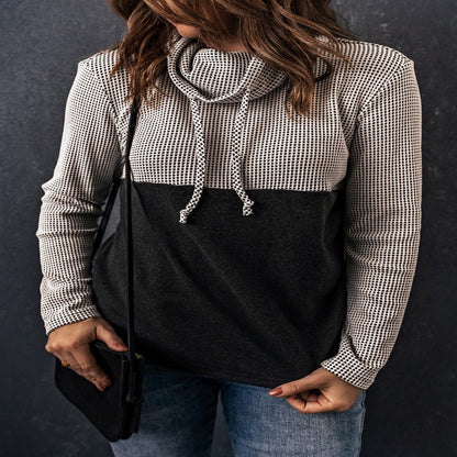 Two-Tone Waffle-Knit Drawstring Cowl Neck Sweatshirt