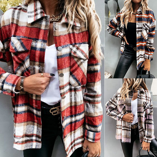 Autumn Winter Long Sleeve Plaid Coat