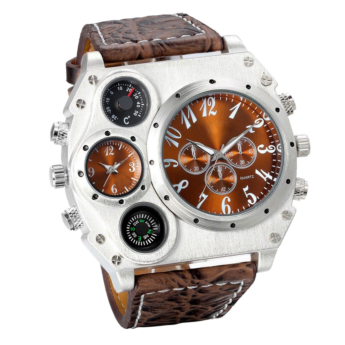 Men's Quartz Watch Two Time Zone -  Military Style Compass