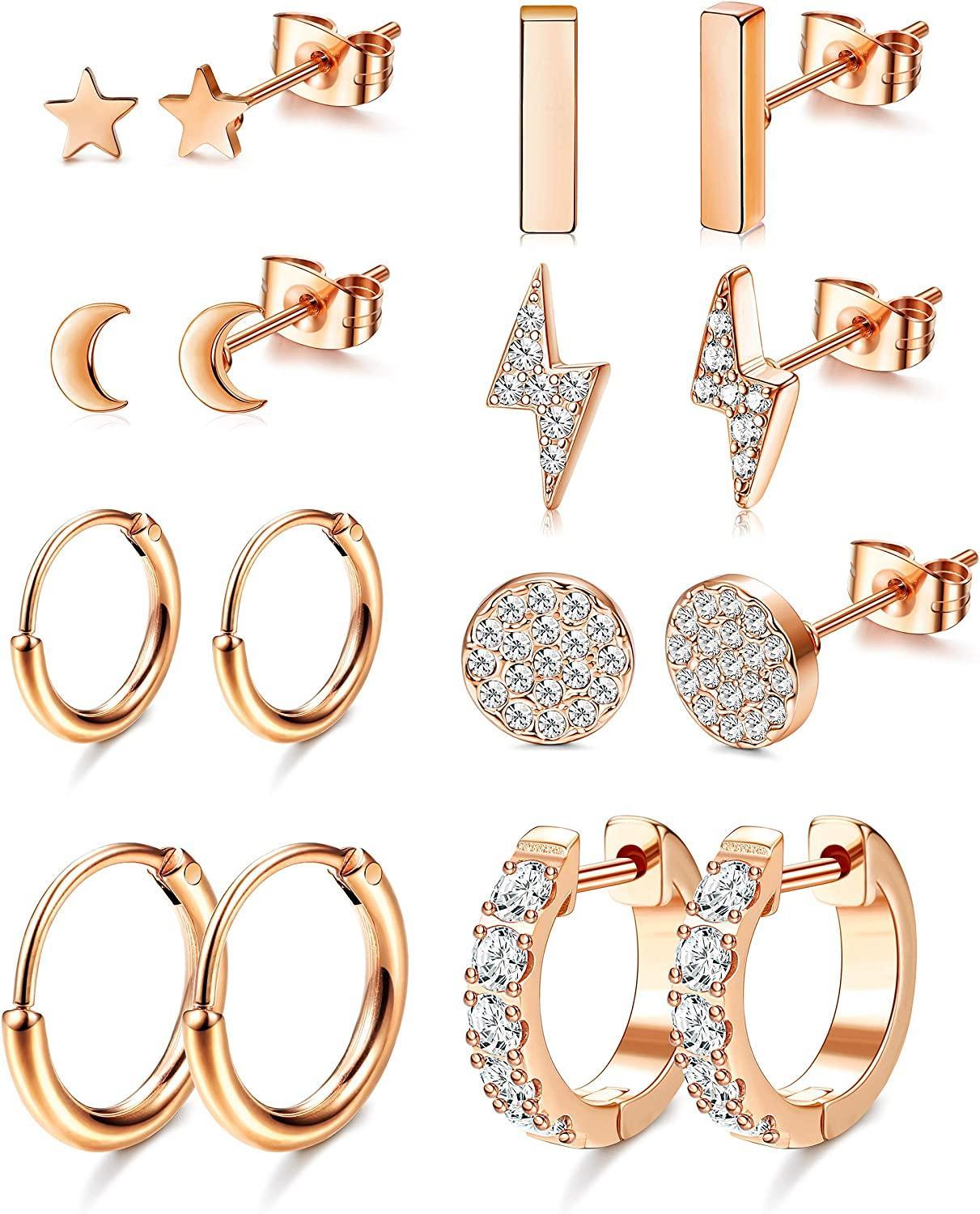 8 Pairs Stainless Stud Earrings Set for Women  / Girls Hoop Earrings CZ Cartilage Helix Ear Piercing