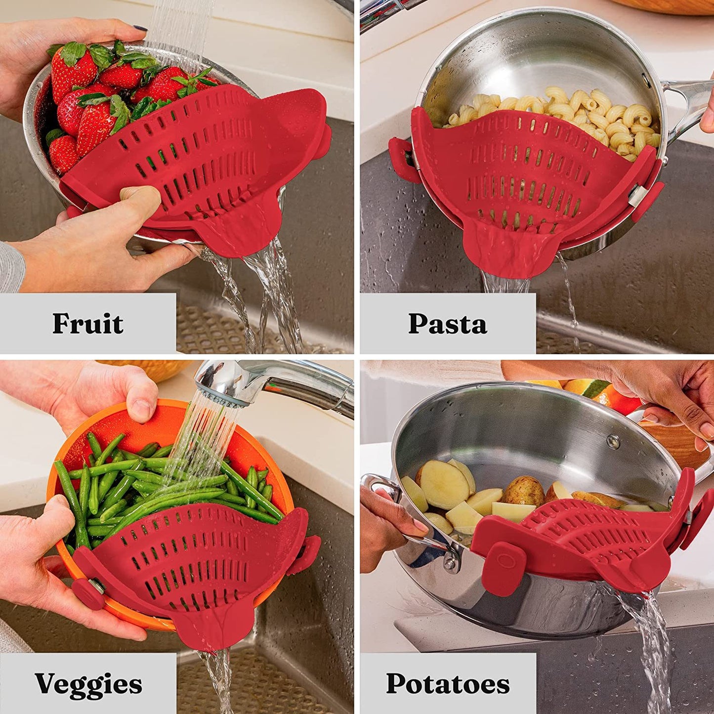 Kitchen Snap N Strain Pot Strainer and Pasta Strainer - Adjustable Silicone Clip On Strainer for Pots, Pans, and Bowls - Gray
